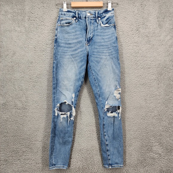 Good American Denim - Good American Women's 2/26 Medium Wash Blue Denim Distressed‎ Jeans